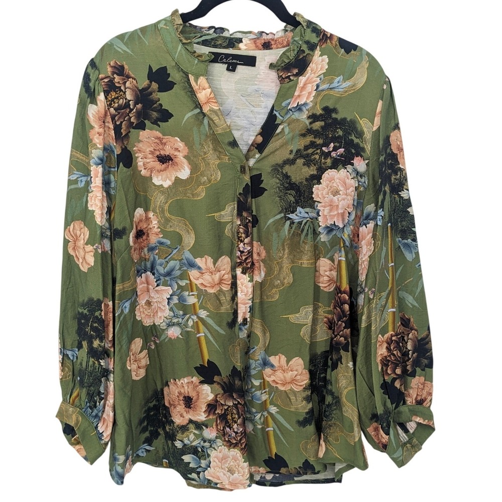 Calessa Blouse Women Large Green Floral Button Down Long Sleeve Tunic Top Mature